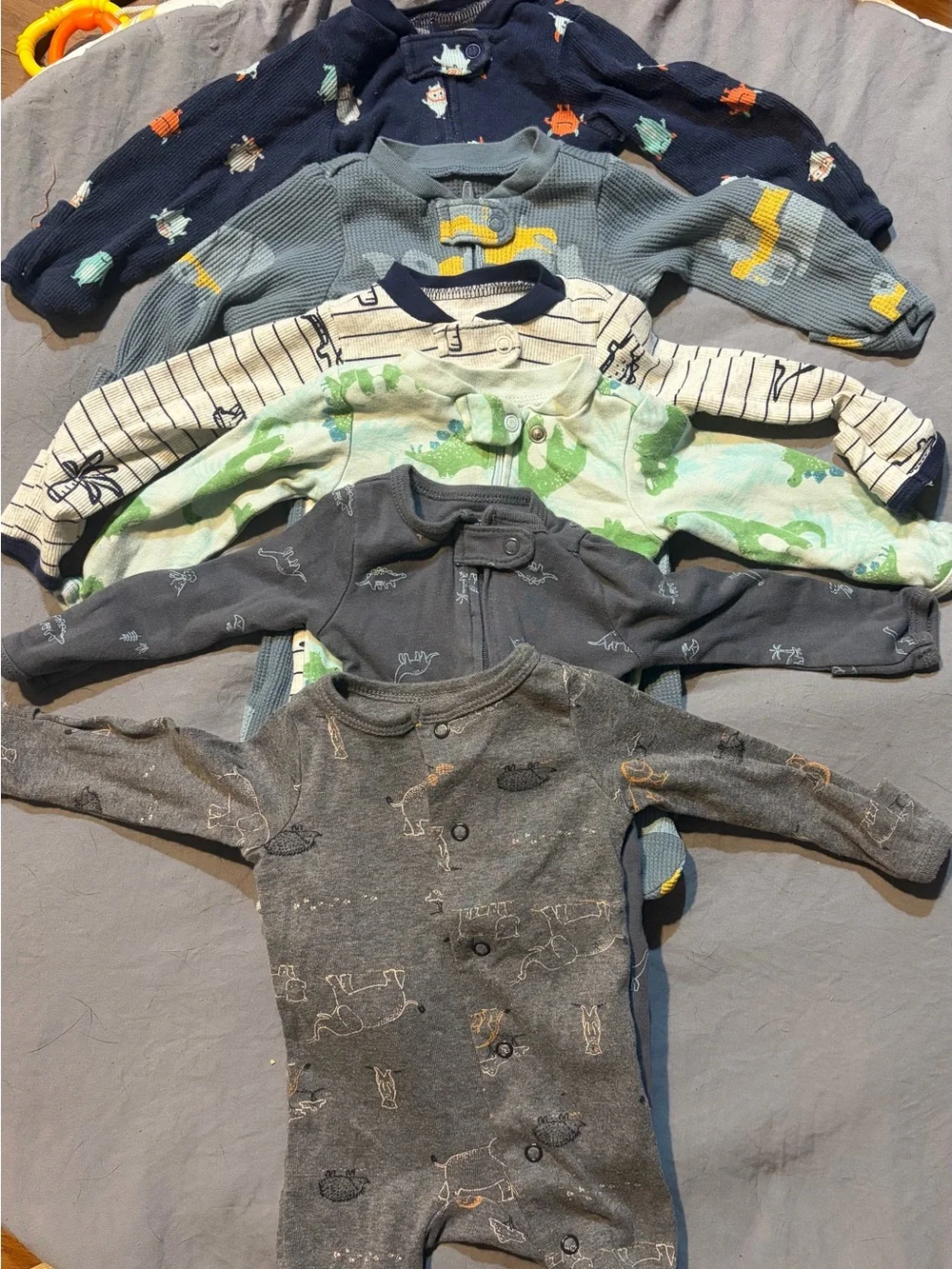 Stack of Newborn Sleepwear - Navy, Gray, White, Green